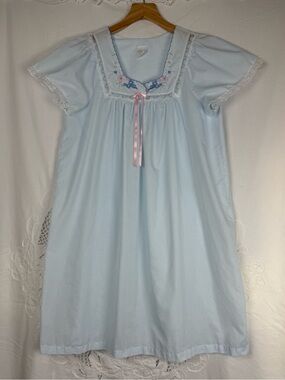 Light Blue Embroidered Cotton Nightgown with Lace Trim by Carole - Size Medium